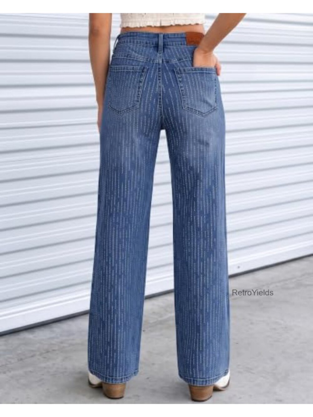 High Waisted Wide Leg Rhinestone Stretch Jeans - Picture 4 of 6